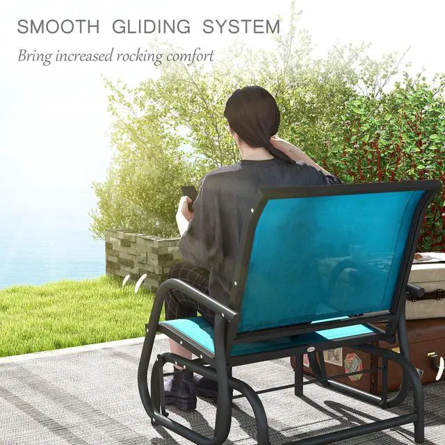 Alt view image 4 of 6 - Porch Glider Set of 2, Metal Frame Swing Glider Chair with Breathable Mesh Fabric, Curved Armrests and Steel Frame for Garden, Poolside, Backyard, Balcony, Blue
