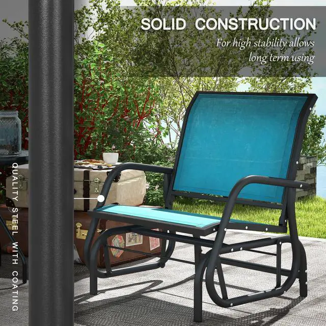 Alt view image 6 of 6 - Porch Glider Set of 2, Metal Frame Swing Glider Chair with Breathable Mesh Fabric, Curved Armrests and Steel Frame for Garden, Poolside, Backyard, Balcony, Blue