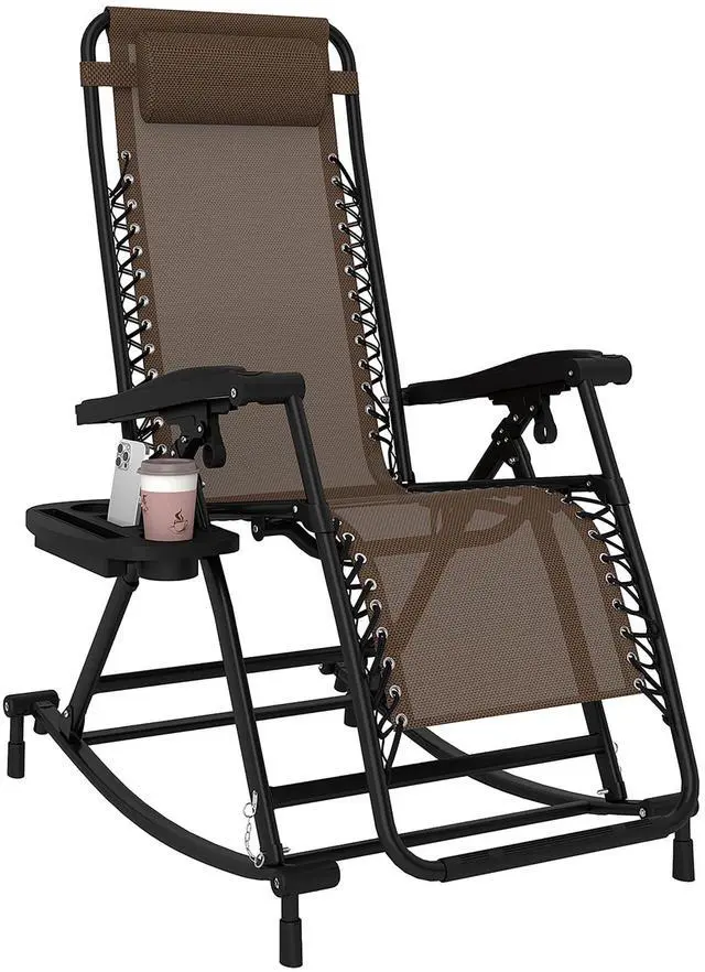 Main image of Outdoor Rocking Chairs, Foldable Reclining Zero Gravity Lounge Rocker with Pillow, Cup & Phone Holder, Combo Design with Folding Legs, Brown