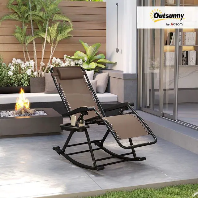 Alt view image 2 of 6 - Outdoor Rocking Chairs, Foldable Reclining Zero Gravity Lounge Rocker with Pillow, Cup & Phone Holder, Combo Design with Folding Legs, Brown