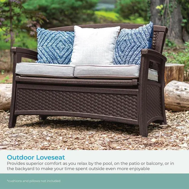 Alt view image 4 of 6 - Outdoor Wicker Love Seat with 23-Gallon Storage, Comfortable Seating for Two, Ergonomic Back Support, All-Weather Furniture for Patio, Deck, and Garden, Java, Made in the USA