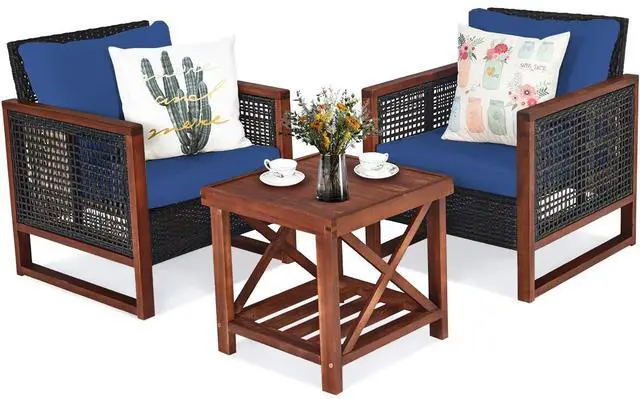Main image of 3 Pieces Patio Wicker Furniture Set, Rattan Outdoor Sofa Set w/Washable Cushion & Acacia Wood Coffee Table, Conversation Bistro Set for Garden Balcony Backyard (Blue)