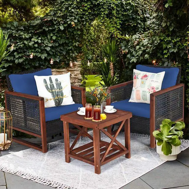 Alt view image 2 of 6 - 3 Pieces Patio Wicker Furniture Set, Rattan Outdoor Sofa Set w/Washable Cushion & Acacia Wood Coffee Table, Conversation Bistro Set for Garden Balcony Backyard (Blue)