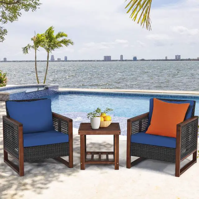 Alt view image 3 of 6 - 3 Pieces Patio Wicker Furniture Set, Rattan Outdoor Sofa Set w/Washable Cushion & Acacia Wood Coffee Table, Conversation Bistro Set for Garden Balcony Backyard (Blue)