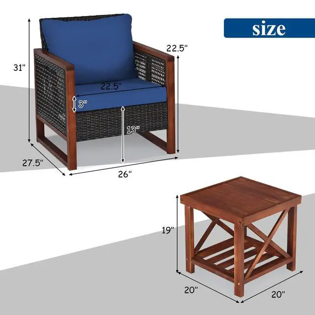 Alt view image 4 of 6 - 3 Pieces Patio Wicker Furniture Set, Rattan Outdoor Sofa Set w/Washable Cushion & Acacia Wood Coffee Table, Conversation Bistro Set for Garden Balcony Backyard (Blue)