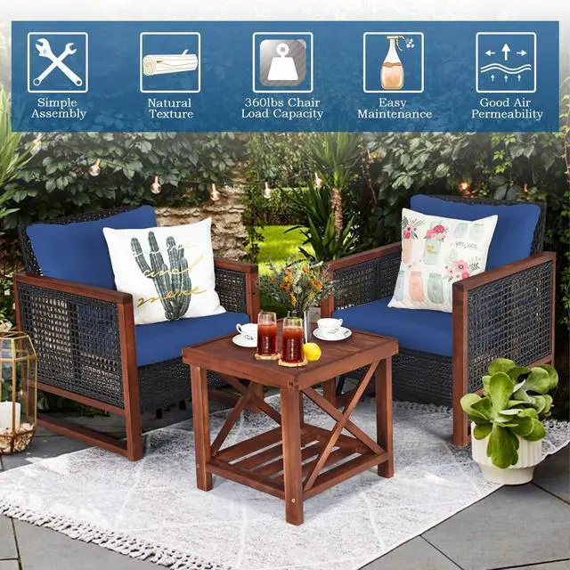 Alt view image 5 of 6 - 3 Pieces Patio Wicker Furniture Set, Rattan Outdoor Sofa Set w/Washable Cushion & Acacia Wood Coffee Table, Conversation Bistro Set for Garden Balcony Backyard (Blue)