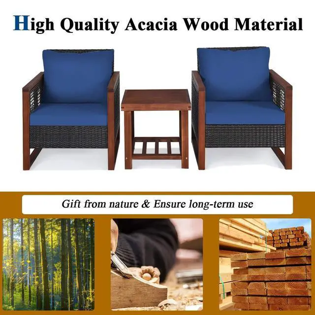 Alt view image 6 of 6 - 3 Pieces Patio Wicker Furniture Set, Rattan Outdoor Sofa Set w/Washable Cushion & Acacia Wood Coffee Table, Conversation Bistro Set for Garden Balcony Backyard (Blue)