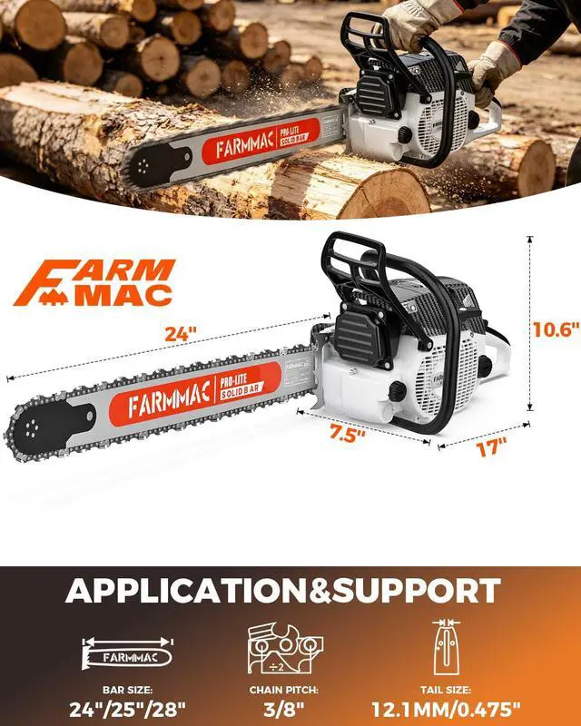 Alt view image 3 of 6 - F380W Gas Chainsaw with 24 Inch Alloy Solid Bar, 72cc 2-Cycle Gasoline Power Chain Saws, 3.6KW 4.8HP for Professional Logging Work, Power Chain Saw All Parts Compatible with MS381 MS380 038