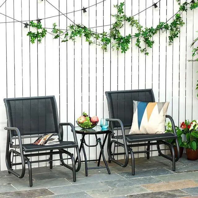 Alt view image 2 of 6 - Porch Glider Set of 2, Metal Frame Swing Glider Chair with Breathable Mesh Fabric, Curved Armrests and Steel Frame for Garden, Poolside, Backyard, Balcony, Black