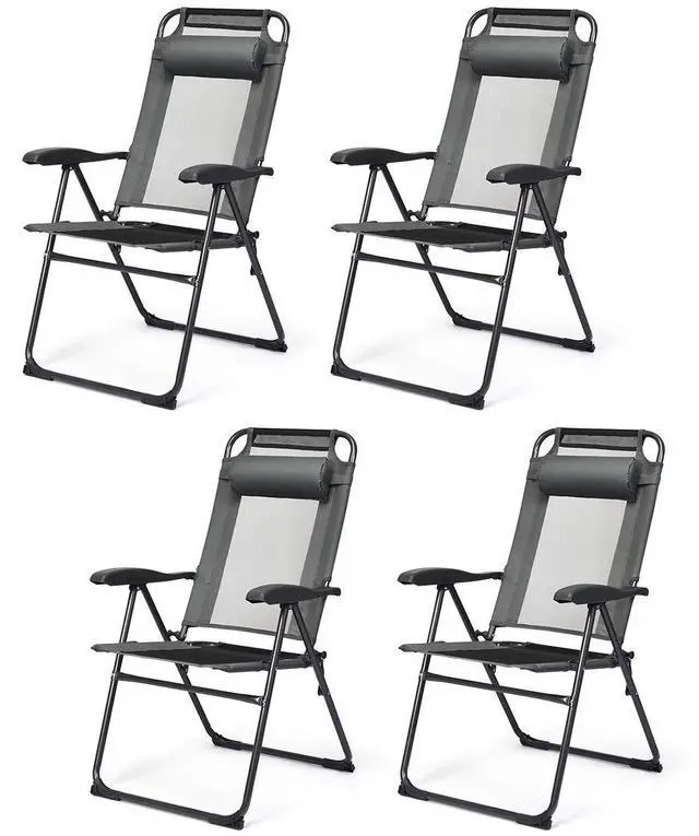Main image of Set of 4 Patio Dining Chairs, Folding Lounge Chairs with 7 Level Adjustable Backrest, Headrest, 300 Lbs Capacity, Outdoor Portable Chairs with Metal Frame (4, Gray)