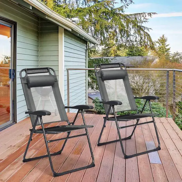 Alt view image 2 of 6 - Set of 4 Patio Dining Chairs, Folding Lounge Chairs with 7 Level Adjustable Backrest, Headrest, 300 Lbs Capacity, Outdoor Portable Chairs with Metal Frame (4, Gray)