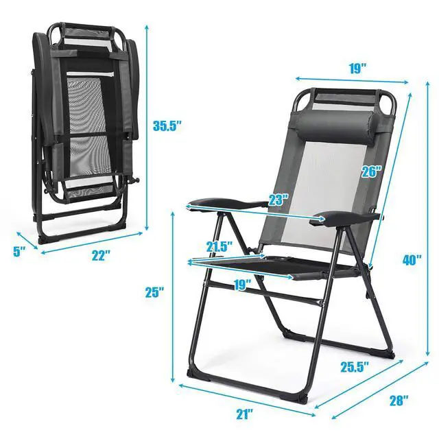 Alt view image 3 of 6 - Set of 4 Patio Dining Chairs, Folding Lounge Chairs with 7 Level Adjustable Backrest, Headrest, 300 Lbs Capacity, Outdoor Portable Chairs with Metal Frame (4, Gray)
