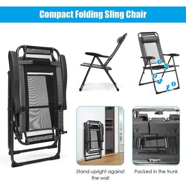 Alt view image 4 of 6 - Set of 4 Patio Dining Chairs, Folding Lounge Chairs with 7 Level Adjustable Backrest, Headrest, 300 Lbs Capacity, Outdoor Portable Chairs with Metal Frame (4, Gray)