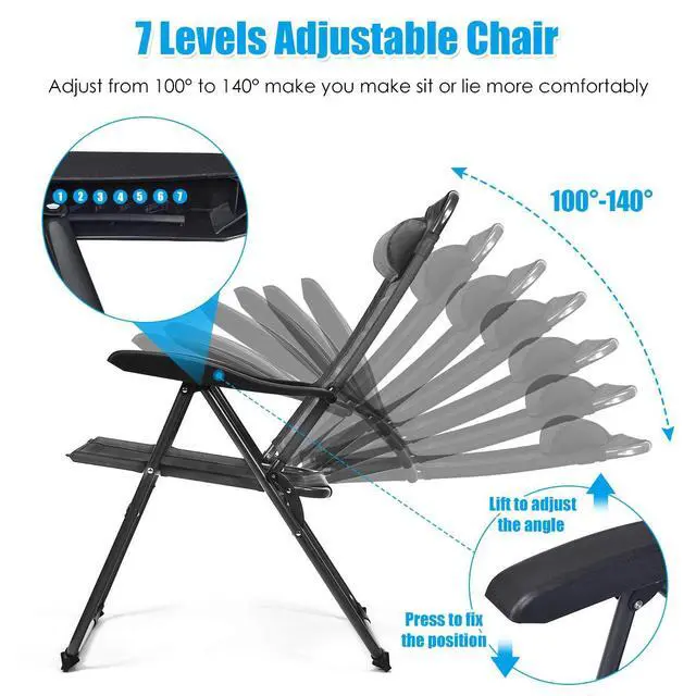 Alt view image 5 of 6 - Set of 4 Patio Dining Chairs, Folding Lounge Chairs with 7 Level Adjustable Backrest, Headrest, 300 Lbs Capacity, Outdoor Portable Chairs with Metal Frame (4, Gray)