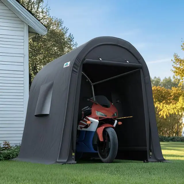 Main image of 6x8 ft Storage Shed Shelter Steel Metal Round Peak Roof Portable Garage Carport for Motorcycle, Boat, or Garden Tools with 2 Roll up Doors & Vents,Dark Gray