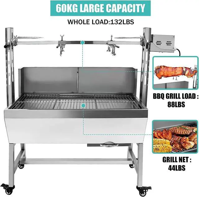 Alt view image 5 of 6 - Stainless Steel Rotisserie Grill with Back Cover Guard, 25W Motor Small Pig Lamb 37 Inch BBQ Charcoal Rotisserie Roaster Grill for Camping Outdoor Kitchen, 132LBS Capacity