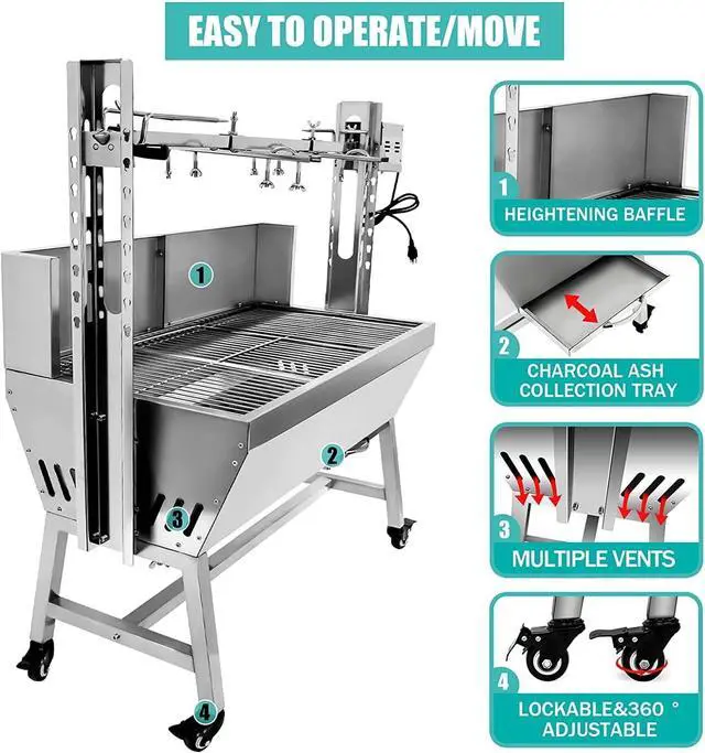 Alt view image 6 of 6 - Stainless Steel Rotisserie Grill with Back Cover Guard, 25W Motor Small Pig Lamb 37 Inch BBQ Charcoal Rotisserie Roaster Grill for Camping Outdoor Kitchen, 132LBS Capacity