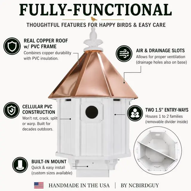 Alt view image 3 of 6 - Handmade Copper Roof Bluebird House for Bluebirds & Songbirds, Made in USA (H8C) (4" x 4" Mount)