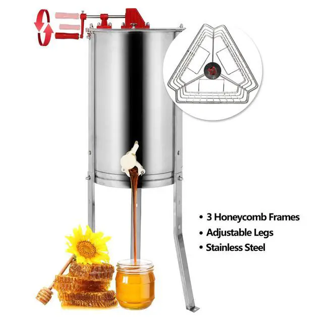 Alt view image 2 of 6 - 3 Frames Manual Honey Extractor Separator, Food Grade Stainless Steel Honeycomb Spinner Drum Crank By Hand With Adjustable Height Stands, Beekeeping Pro Extraction Apiary Centrifuge Equipment