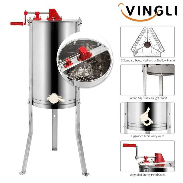 Alt view image 3 of 6 - 3 Frames Manual Honey Extractor Separator, Food Grade Stainless Steel Honeycomb Spinner Drum Crank By Hand With Adjustable Height Stands, Beekeeping Pro Extraction Apiary Centrifuge Equipment