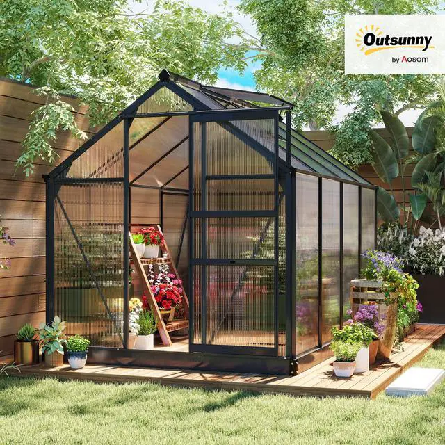 Alt view image 2 of 6 - 6' x 8' Greenhouse for Outdoors, Polycarbonate Greenhouse with Rain Gutter and Roof Vent, Aluminum Walk-in Green Houses with Push Door for Outside for Patio Backyard Garden, Gray