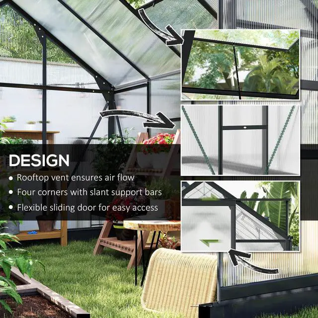 Alt view image 3 of 6 - 6' x 8' Greenhouse for Outdoors, Polycarbonate Greenhouse with Rain Gutter and Roof Vent, Aluminum Walk-in Green Houses with Push Door for Outside for Patio Backyard Garden, Gray