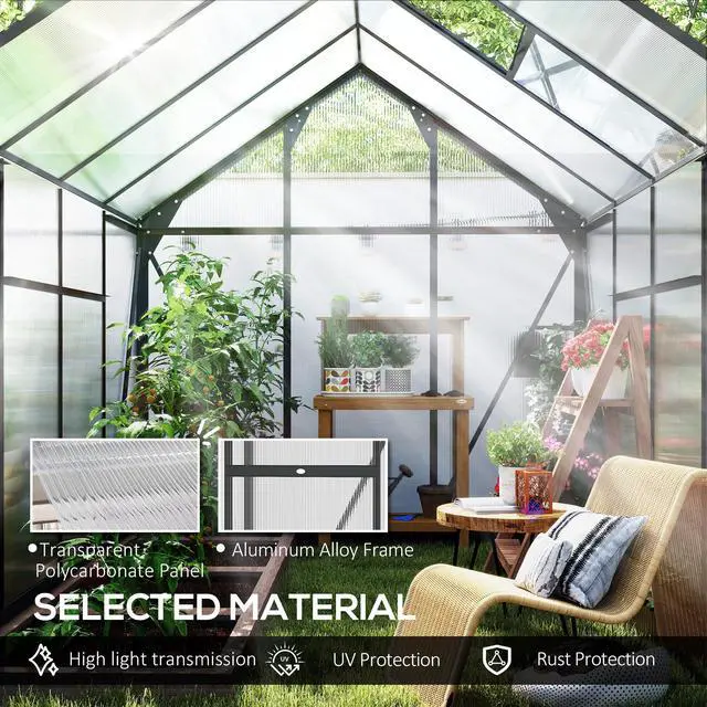 Alt view image 4 of 6 - 6' x 8' Greenhouse for Outdoors, Polycarbonate Greenhouse with Rain Gutter and Roof Vent, Aluminum Walk-in Green Houses with Push Door for Outside for Patio Backyard Garden, Gray