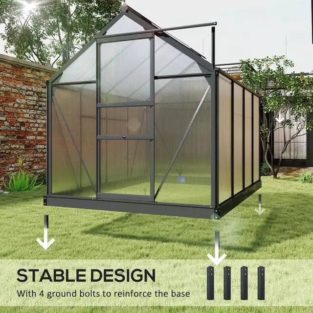Alt view image 5 of 6 - 6' x 8' Greenhouse for Outdoors, Polycarbonate Greenhouse with Rain Gutter and Roof Vent, Aluminum Walk-in Green Houses with Push Door for Outside for Patio Backyard Garden, Gray