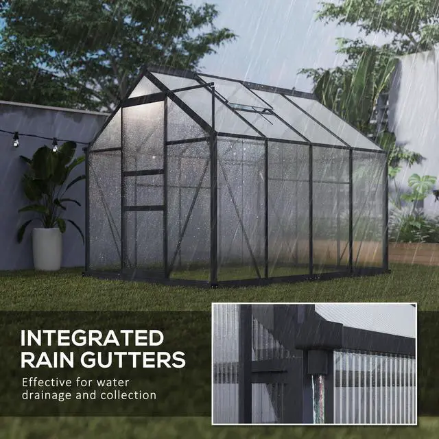 Alt view image 6 of 6 - 6' x 8' Greenhouse for Outdoors, Polycarbonate Greenhouse with Rain Gutter and Roof Vent, Aluminum Walk-in Green Houses with Push Door for Outside for Patio Backyard Garden, Gray