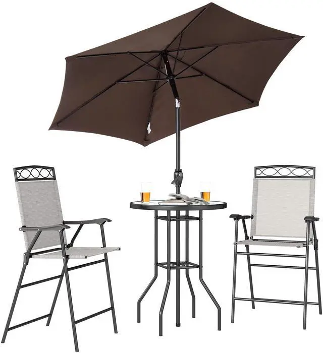 Main image of 4 Piece Outdoor Patio Dining Furniture Set, 2 Folding Chairs, Adjustable Angle Umbrella, Wave Textured Tempered Glass Dinner Table, Beige