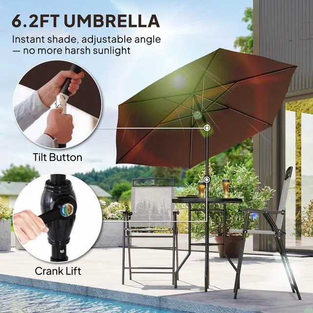 Alt view image 3 of 6 - 4 Piece Outdoor Patio Dining Furniture Set, 2 Folding Chairs, Adjustable Angle Umbrella, Wave Textured Tempered Glass Dinner Table, Beige
