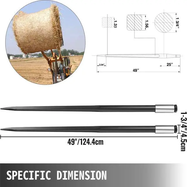Alt view image 5 of 6 - Hay Spear Spears 49" Hay Bale Spear Spike, 4000 lbs Capacity Quick Attach Square Hay Bale Spears, 2 Pics Black Bale Forks, Bale Hay Spike with Hex Nut & Sleeve for Buckets Tractors Loaders