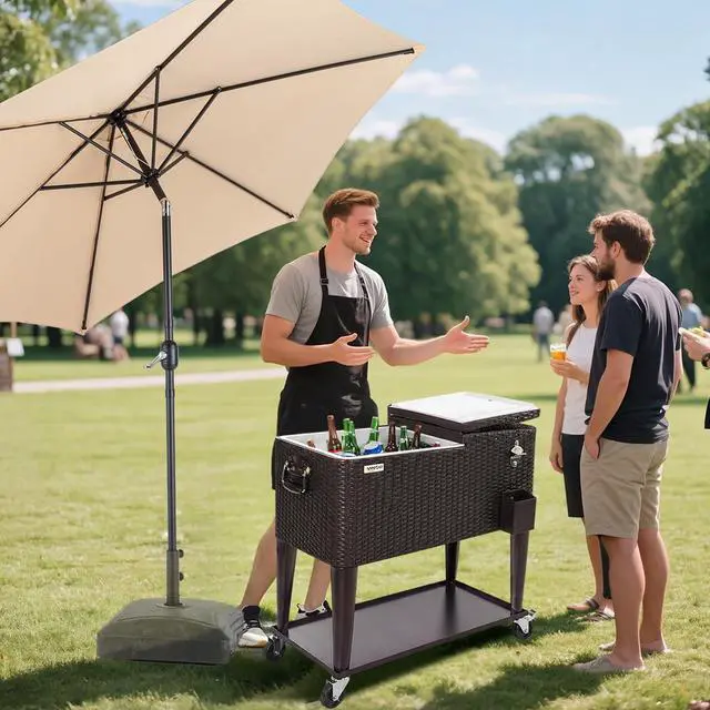 Alt view image 2 of 5 - 80 Quart Rolling Ice Chest on Wheels, Portable Patio Party Bar Drink Cooler Cart, Wicker PP Rattan with Shelf, Beverage Pool with Bottle Opener