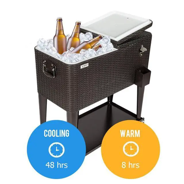 Alt view image 3 of 5 - 80 Quart Rolling Ice Chest on Wheels, Portable Patio Party Bar Drink Cooler Cart, Wicker PP Rattan with Shelf, Beverage Pool with Bottle Opener
