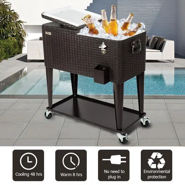 Alt view image 5 of 5 - 80 Quart Rolling Ice Chest on Wheels, Portable Patio Party Bar Drink Cooler Cart, Wicker PP Rattan with Shelf, Beverage Pool with Bottle Opener