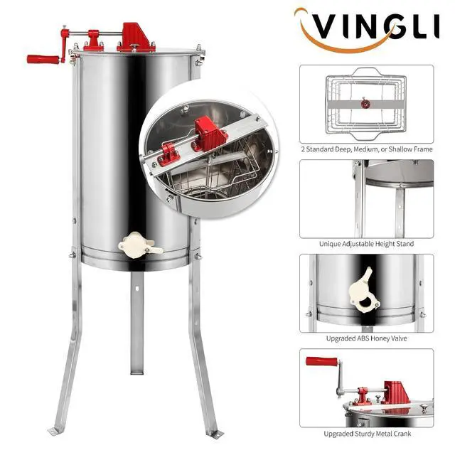Alt view image 4 of 6 - 2 Frames Manual Honey Extractor Separator, Food Grade Stainless Steel Honeycomb Spinner Drum Crank By Hand with Adjustable Height Stands, Beekeeping Pro Extraction Apiary Centrifuge Equipment