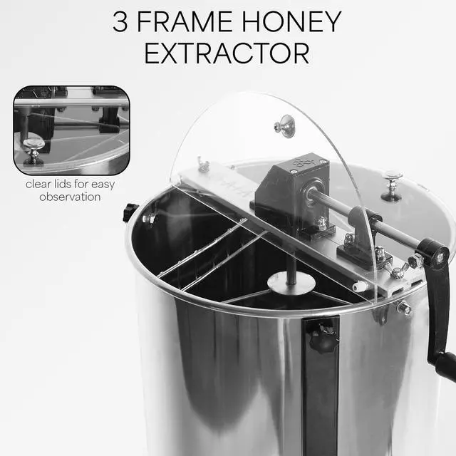 Alt view image 3 of 6 - BEE-V003D Honey Extractor, 3 Frame | Food Grade Stainless Steel, Manual Crank, Honeycomb Drum Spinner, Transparent Lid