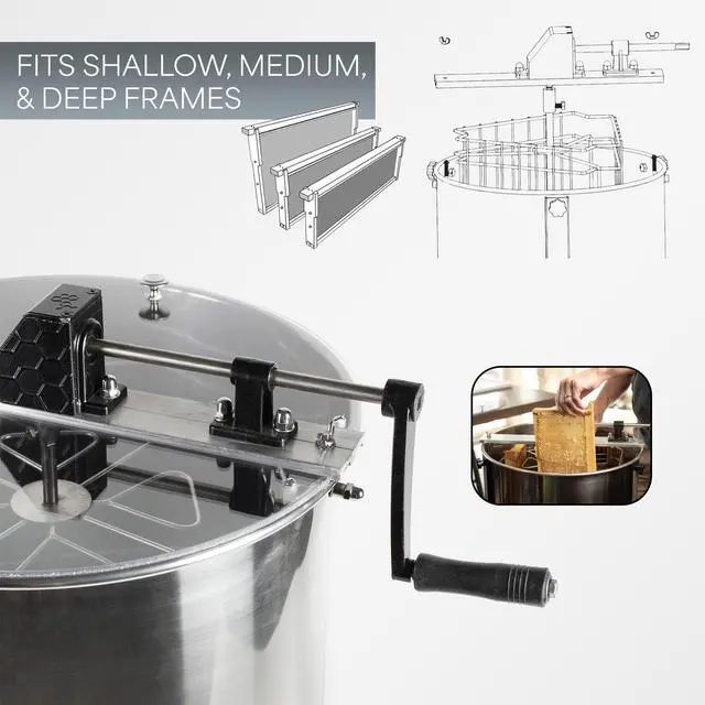 Alt view image 5 of 6 - BEE-V003D Honey Extractor, 3 Frame | Food Grade Stainless Steel, Manual Crank, Honeycomb Drum Spinner, Transparent Lid