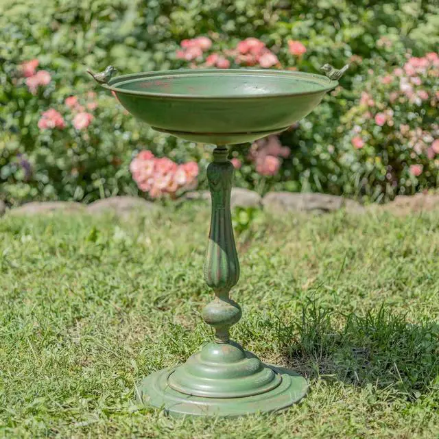 Main image of Ornate Metal Pedestal Style Birdbath with Cast Iron Birds on Rim Full Base (Green)