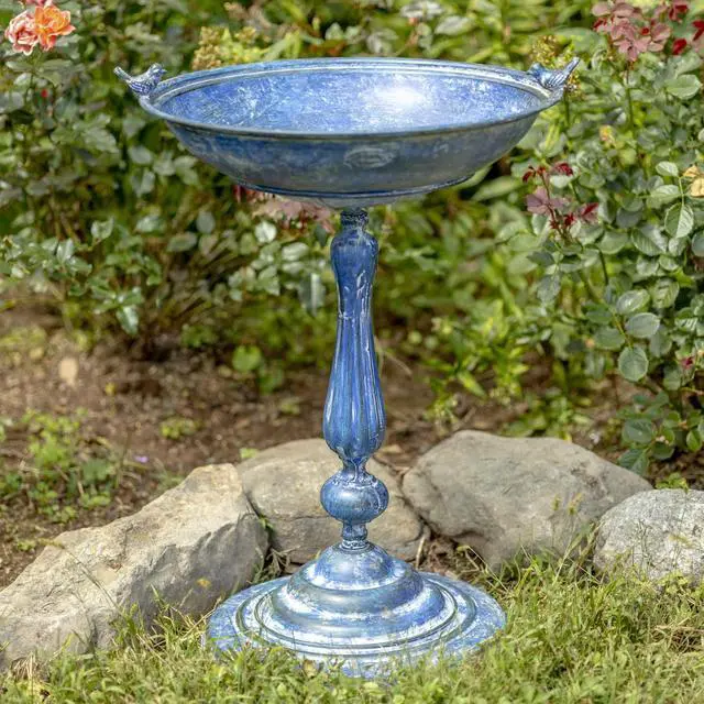 Alt view image 2 of 6 - Ornate Metal Pedestal Style Birdbath with Cast Iron Birds on Rim Full Base (Blue)
