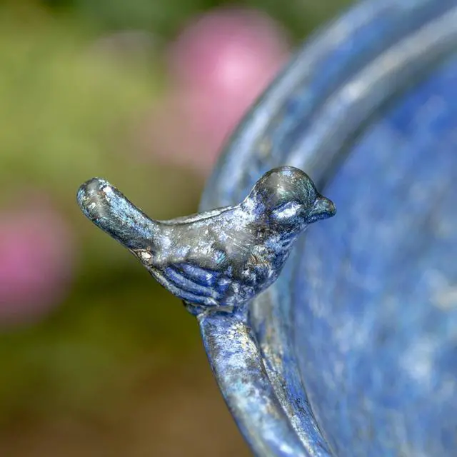 Alt view image 5 of 6 - Ornate Metal Pedestal Style Birdbath with Cast Iron Birds on Rim Full Base (Blue)
