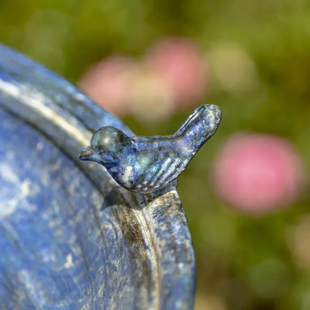 Alt view image 6 of 6 - Ornate Metal Pedestal Style Birdbath with Cast Iron Birds on Rim Full Base (Blue)