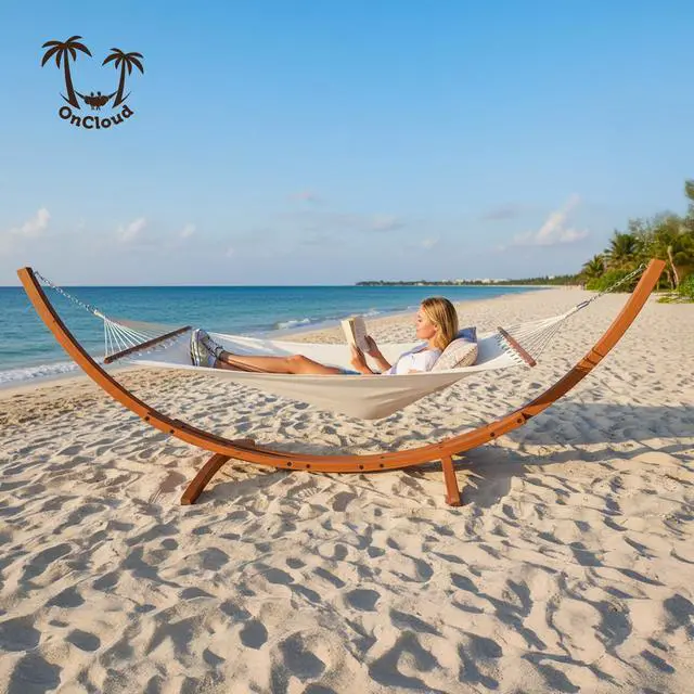Alt view image 2 of 6 - Double Hammock Wood Arc Stand, Wooden Hammock W/Stand, Classic Natural Hammock Set for Yard, Garden (14 ft Set)
