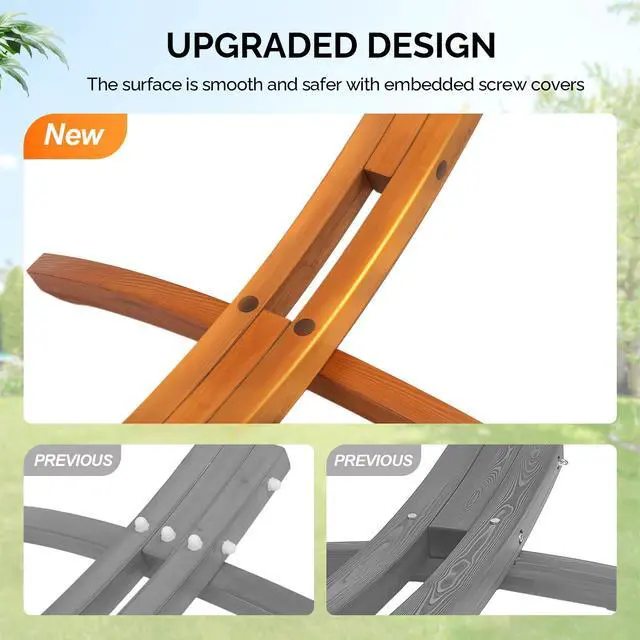 Alt view image 3 of 6 - Double Hammock Wood Arc Stand, Wooden Hammock W/Stand, Classic Natural Hammock Set for Yard, Garden (14 ft Set)