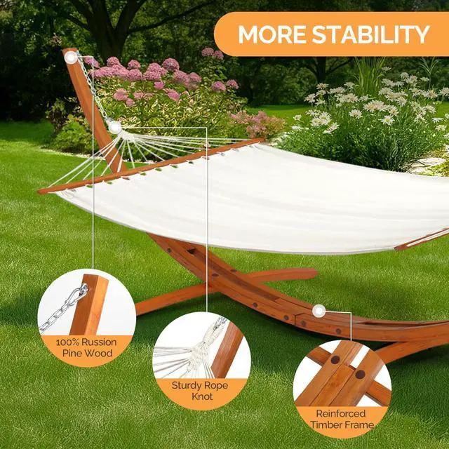 Alt view image 4 of 6 - Double Hammock Wood Arc Stand, Wooden Hammock W/Stand, Classic Natural Hammock Set for Yard, Garden (14 ft Set)