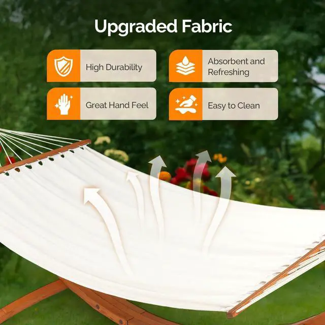 Alt view image 5 of 6 - Double Hammock Wood Arc Stand, Wooden Hammock W/Stand, Classic Natural Hammock Set for Yard, Garden (14 ft Set)