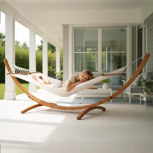 Alt view image 6 of 6 - Double Hammock Wood Arc Stand, Wooden Hammock W/Stand, Classic Natural Hammock Set for Yard, Garden (14 ft Set)