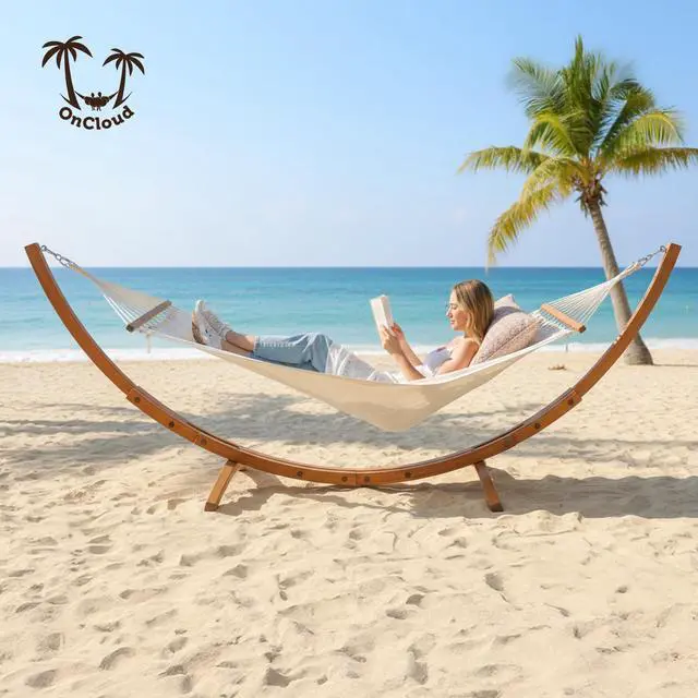 Alt view image 6 of 6 - Hammock Wood Arc Stand with Double Hammock, Hammock with Stand for Outside, Natural Wooden Stand, 330LBS (10.5 ft)