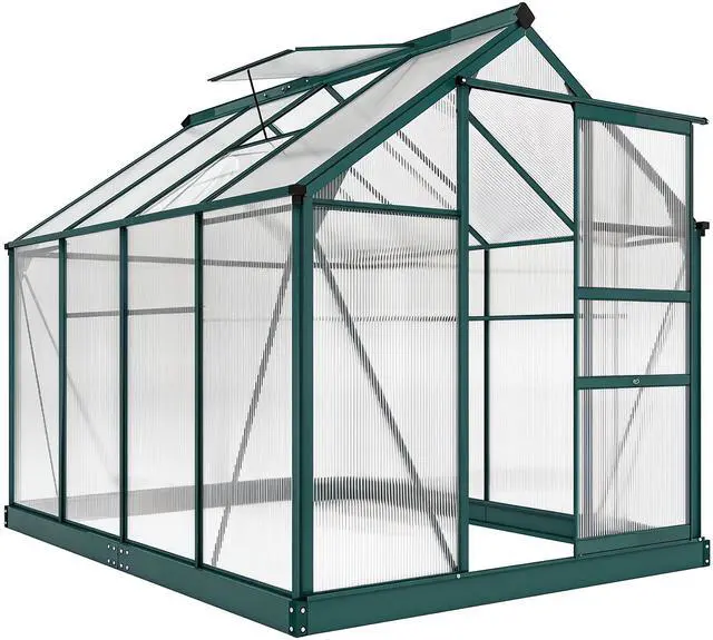 Main image of 6' x 8' Greenhouse for Outdoors, Polycarbonate Greenhouse with Rain Gutter and Roof Vent, Aluminum Walk-in Green Houses with Push Door for Outside for Patio Backyard Garden, Dark Green