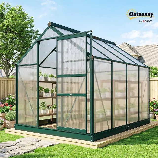 Alt view image 2 of 6 - 6' x 8' Greenhouse for Outdoors, Polycarbonate Greenhouse with Rain Gutter and Roof Vent, Aluminum Walk-in Green Houses with Push Door for Outside for Patio Backyard Garden, Dark Green